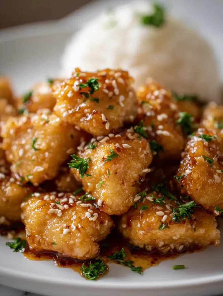Close-up of crispy honey butter chicken bites garnished with sesame seeds and fresh parsley, served with a side of steamed white rice.
