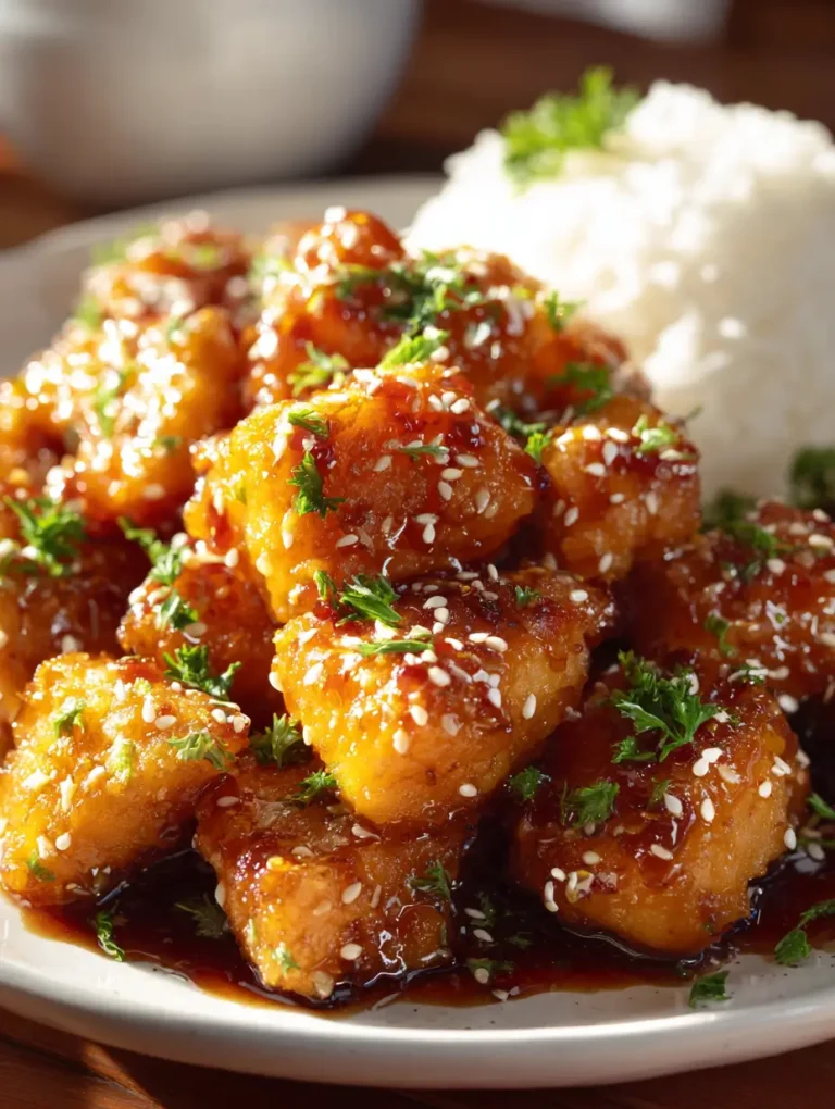 Close-up of crispy honey butter chicken pieces coated in a glossy sweet sauce, garnished with sesame seeds and fresh parsley, served with steamed white rice.