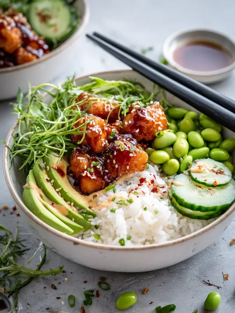 Honey sriracha salmon rice bowl with avocado, cucumber, edamame, and sesame seeds.