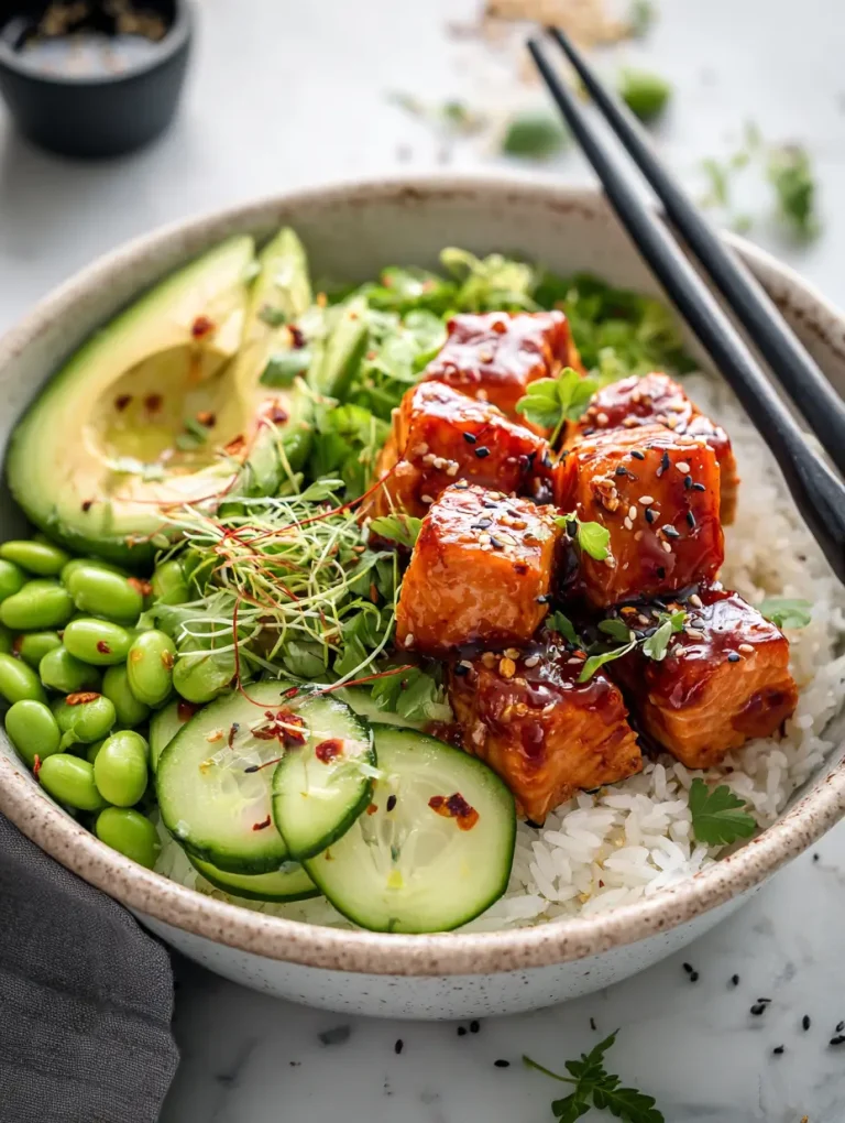 Honey sriracha salmon bowl with rice, avocado, cucumber, and edamame.