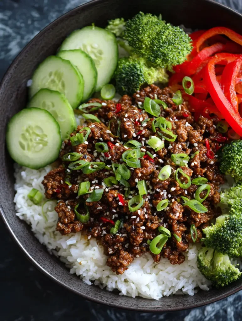 Hot honey ground beef served over rice with cucumbers, red peppers, broccoli, and green onion garnish.
