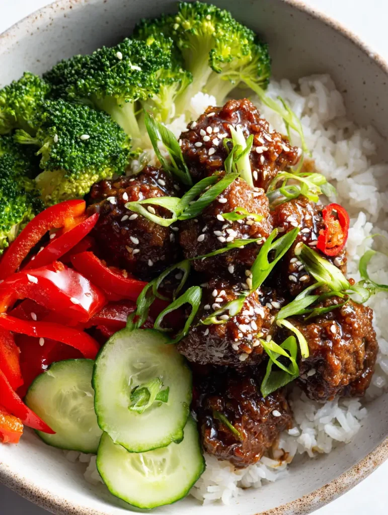 Hot honey ground beef bowl with rice, broccoli, red peppers, cucumbers, and sesame seed garnish.