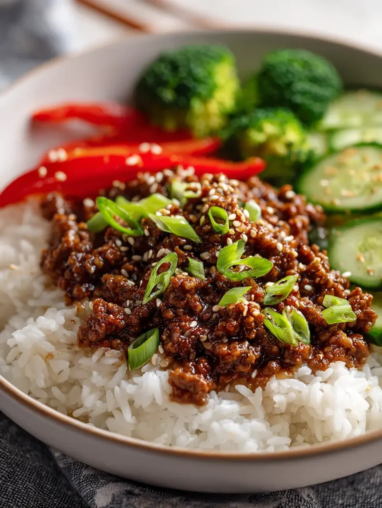 Hot honey ground beef bowl served over white rice with cucumbers, red peppers, and broccoli.