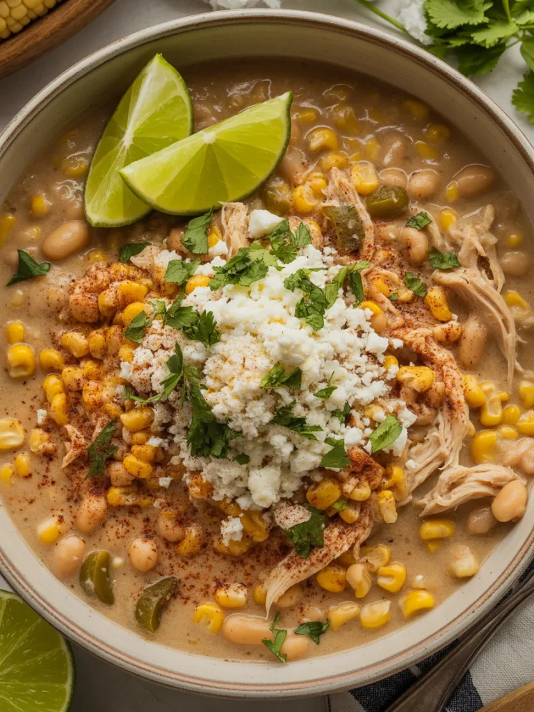 Mexican Street Corn White Chicken Chili topped with Cotija cheese, cilantro, chili powder, and lime wedges in a bowl.