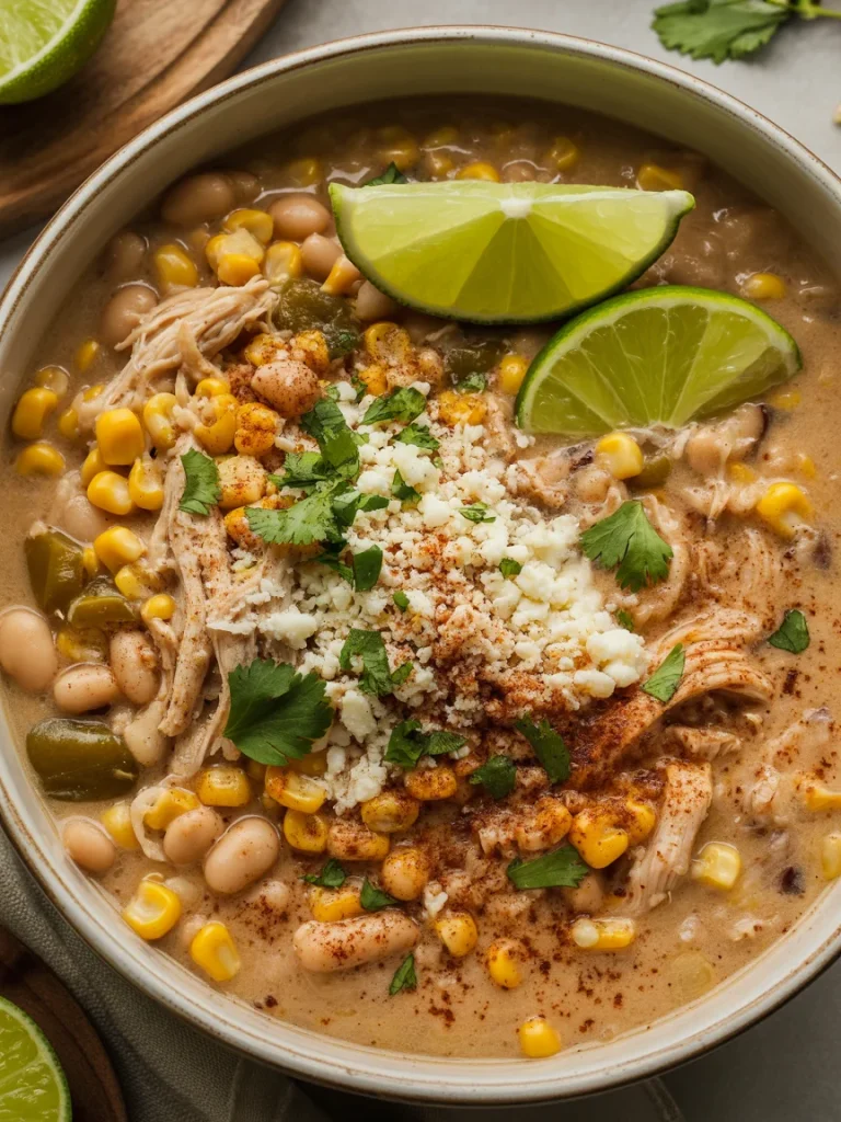 Bowl of Mexican Street Corn White Chicken Chili with shredded chicken, corn, beans, Cotija cheese, cilantro, chili powder, and lime wedges.