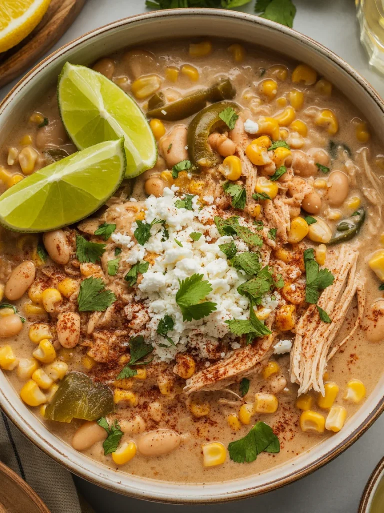 Bowl of Mexican Street Corn White Chicken Chili topped with Cotija cheese, cilantro, lime wedges, and chili powder.