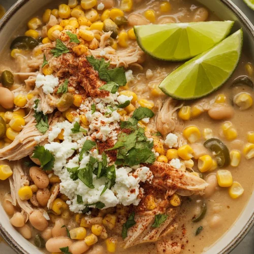 Bowl of Mexican Street Corn White Chicken Chili with shredded chicken, white beans, corn, Cotija cheese, cilantro, chili powder, and lime wedges.