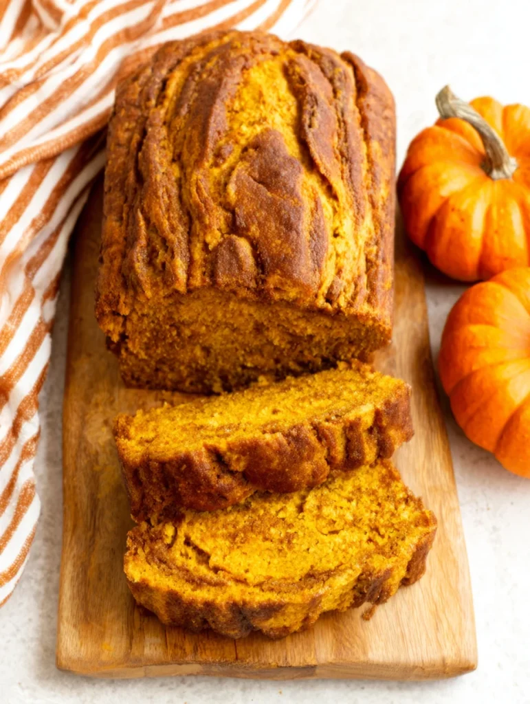 Freshly baked pumpkin cinnamon sourdough bread loaf with golden crust and sliced pieces on a wooden board.