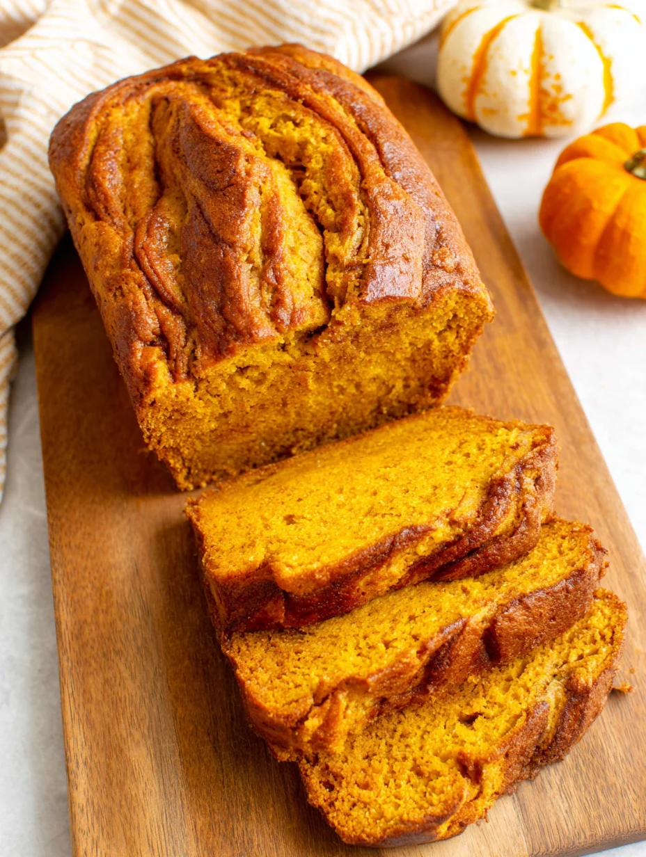 Pumpkin cinnamon sourdough bread loaf with golden crust and moist slices on a wooden board.