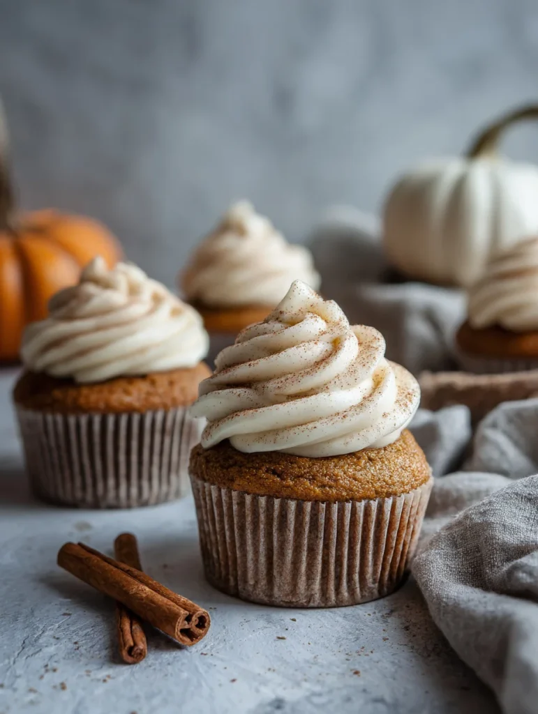 Pumpkin cupcake with cream cheese frosting and cinnamon, styled with cinnamon sticks and mini pumpkins in the background.