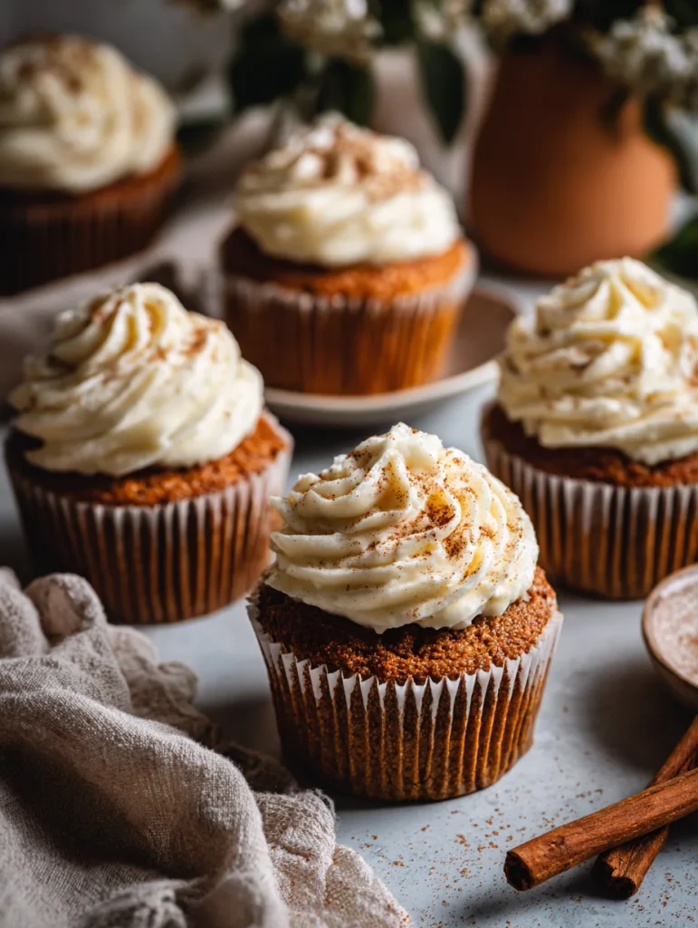 Pumpkin cupcake with cream cheese frosting and cinnamon garnish, surrounded by more cupcakes and autumn spices.