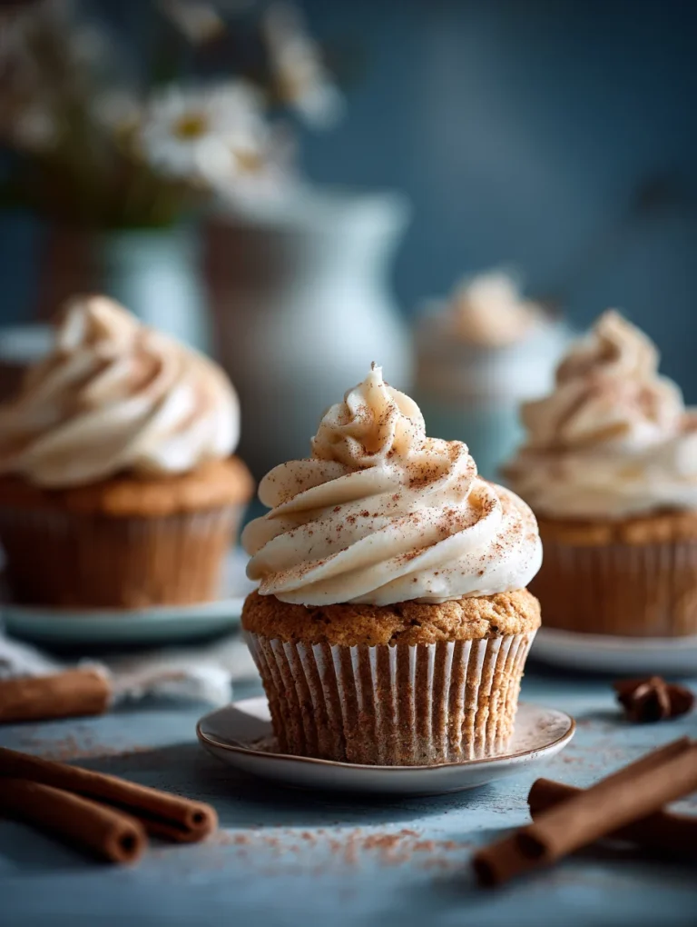 Pumpkin cupcake with cream cheese frosting swirled on top, dusted with cinnamon, and surrounded by cinnamon sticks.