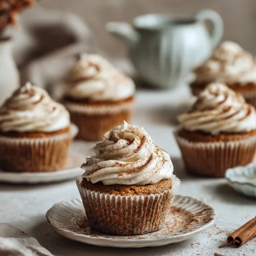 Pumpkin cupcake with cream cheese frosting and cinnamon, styled on a plate with autumn spices.