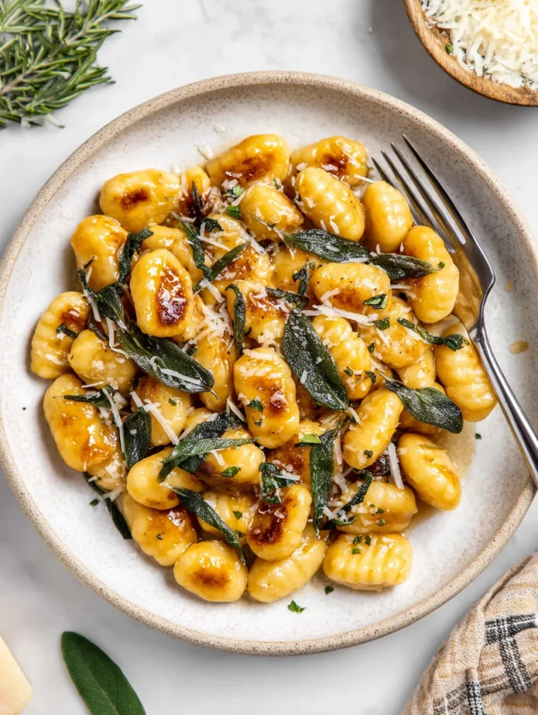Plate of golden pumpkin gnocchi with crispy sage leaves and shredded parmesan cheese.