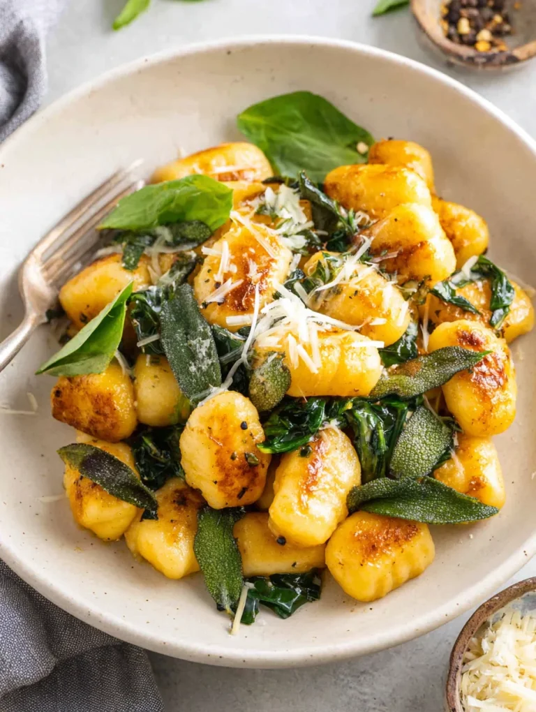 Plate of pumpkin sage gnocchi topped with crispy sage leaves, parmesan cheese, and spinach.