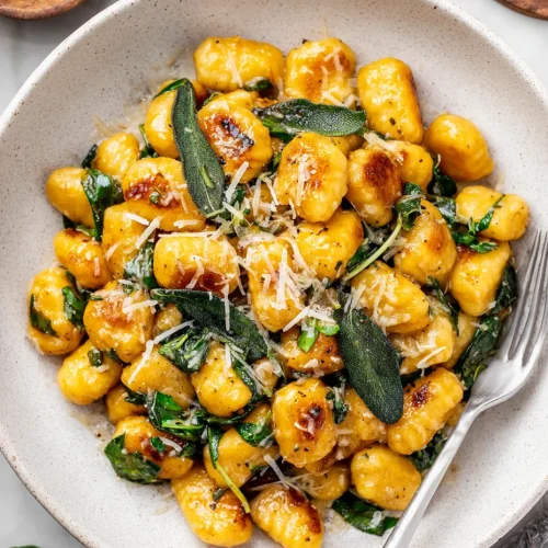 Pumpkin sage gnocchi served in a bowl with crispy sage leaves, sautéed spinach, and grated parmesan cheese.