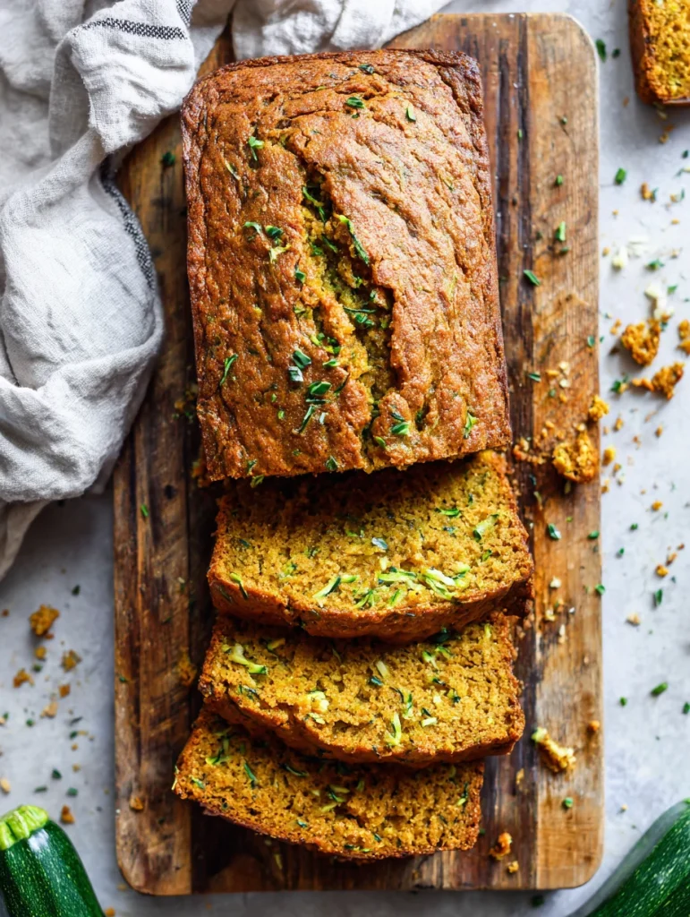 Freshly baked pumpkin zucchini bread sliced on a wooden board, revealing a moist golden interior speckled with shredded zucchini.