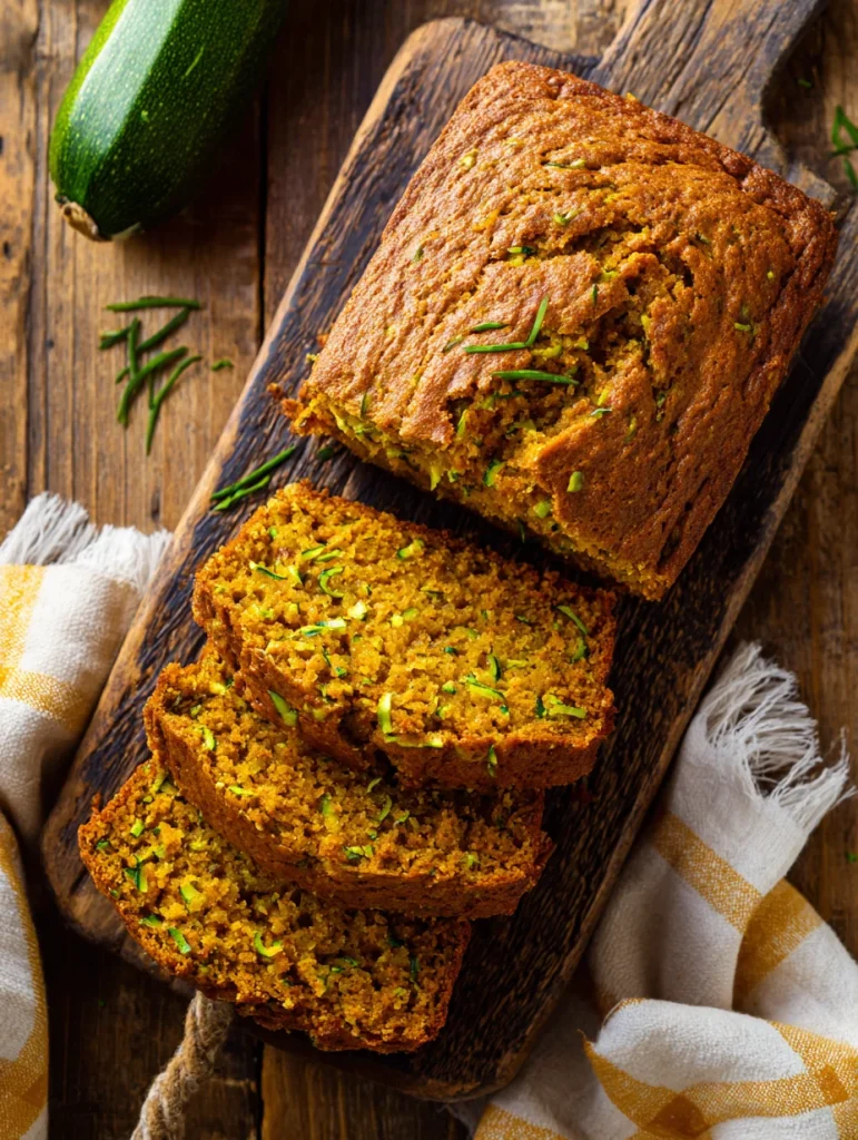 Sliced pumpkin zucchini bread on a rustic wooden board, showing a moist crumb with green zucchini flecks and a golden-brown crust.
