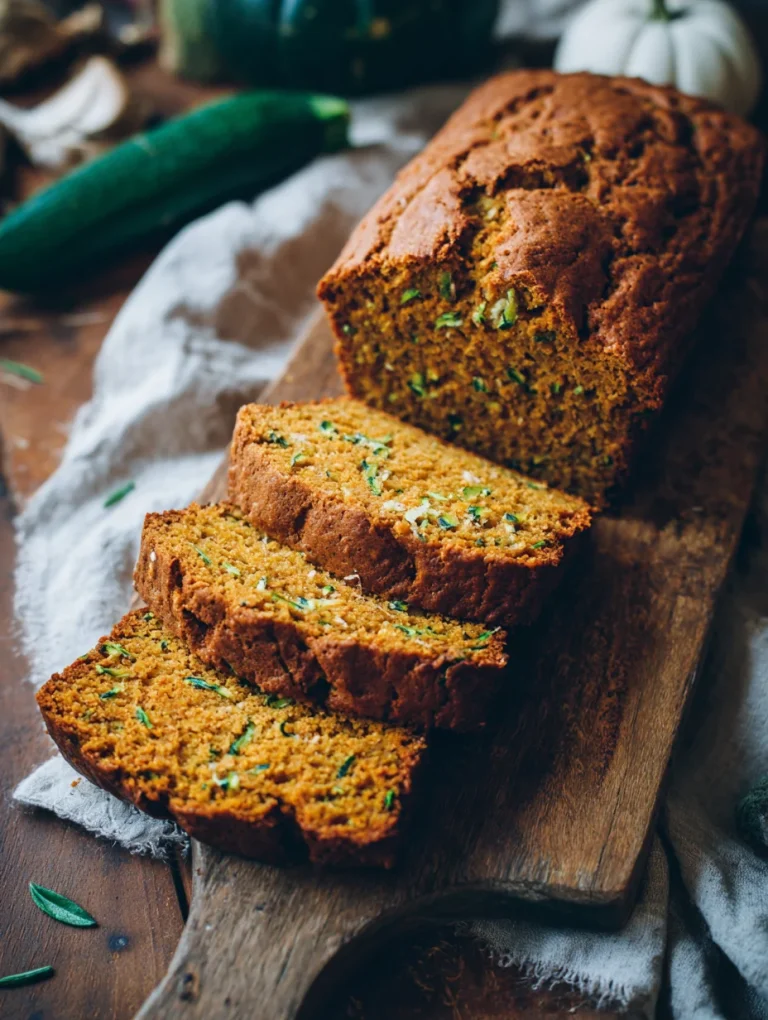Moist pumpkin zucchini bread sliced on a wooden board, showing its golden crumb with flecks of fresh zucchini and warm spices.