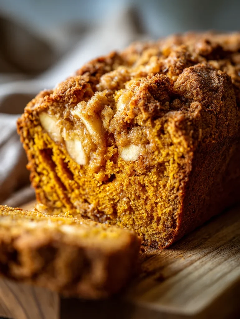 Close-up of sliced sourdough pumpkin apple bread with crumb topping.