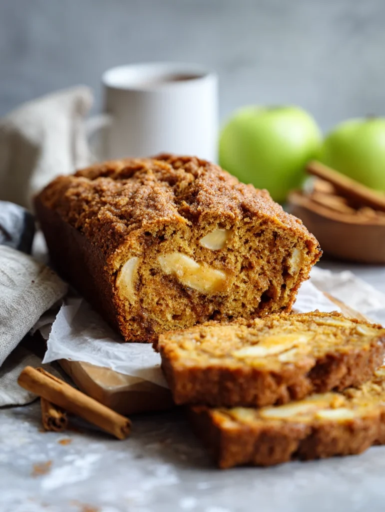 Sliced sourdough pumpkin apple bread with green apples and cinnamon sticks.