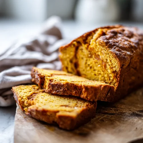 Sliced sourdough pumpkin apple bread on a wooden cutting board.
