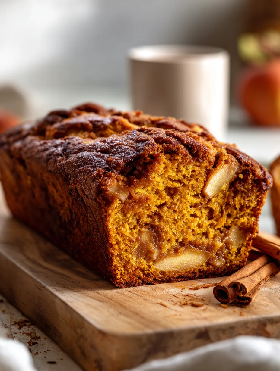Sourdough pumpkin apple bread loaf with cinnamon swirls on a wooden board.