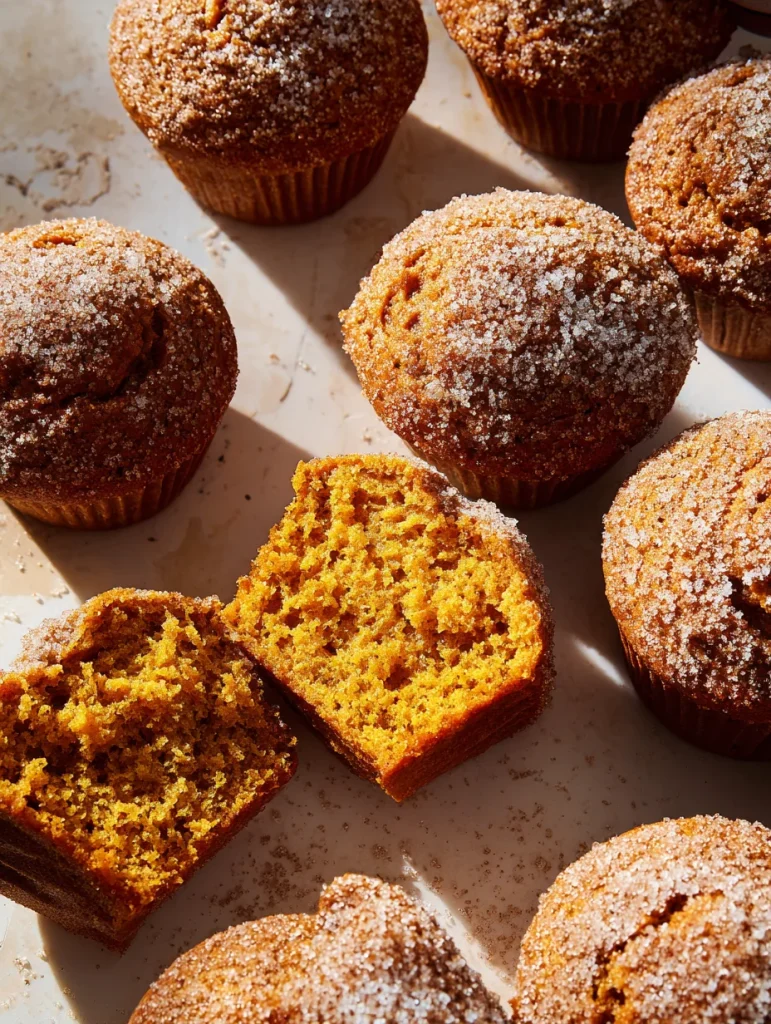 Freshly baked sourdough pumpkin muffins with cinnamon sugar topping, one muffin cut open to show fluffy golden inside.