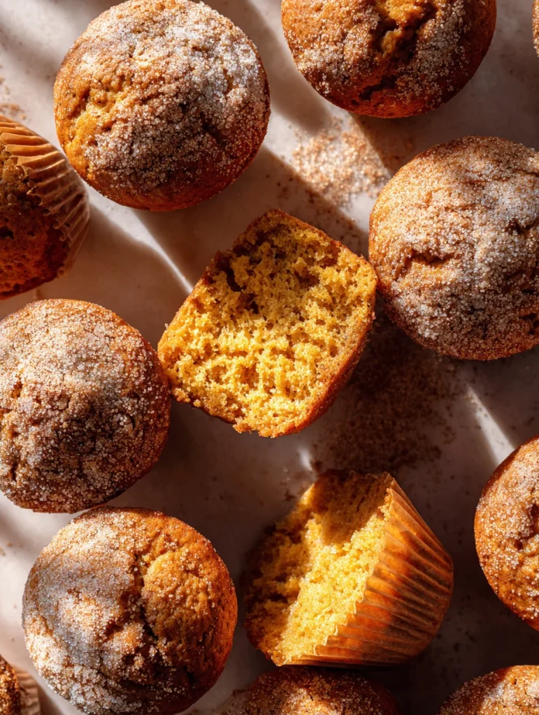 Overhead view of sourdough pumpkin muffins with cinnamon sugar topping, one muffin cut open to reveal moist golden crumb.