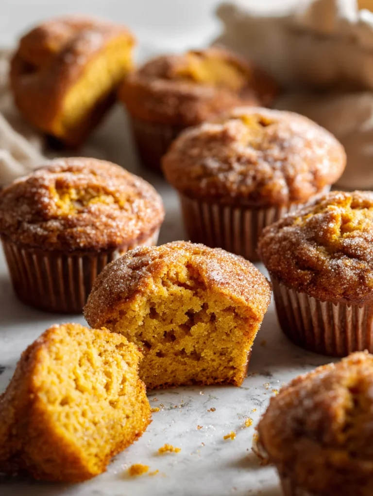 Close-up of golden sourdough pumpkin muffins with a soft, fluffy inside and cinnamon sugar topping.