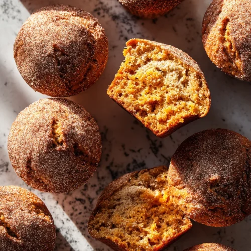 Overhead shot of sourdough pumpkin muffins with cinnamon sugar topping, one muffin sliced open to show moist golden crumb.