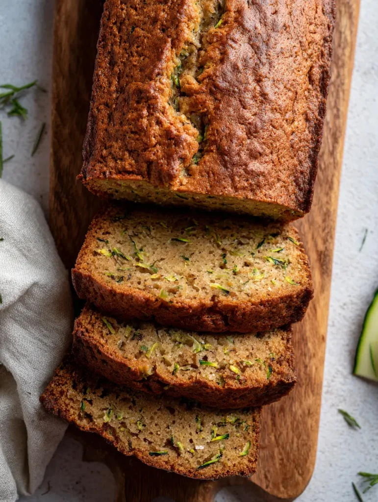 Homemade sourdough zucchini bread sliced on a wooden board.