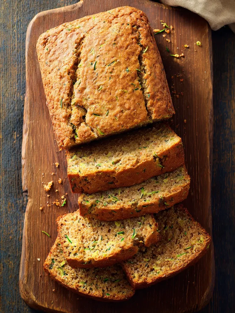 Freshly baked sourdough zucchini bread sliced on a wooden board.