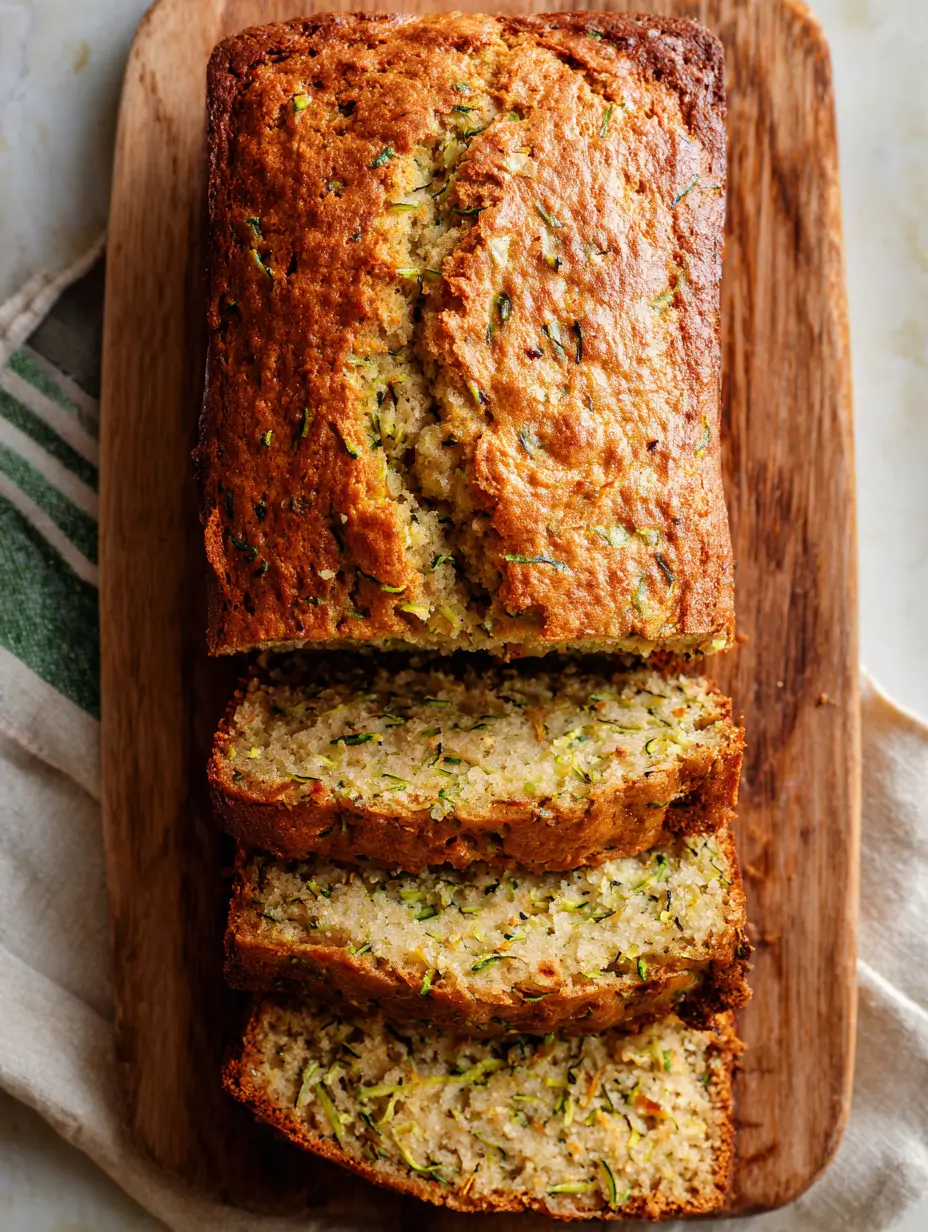 Sourdough zucchini bread sliced on a wooden cutting board.