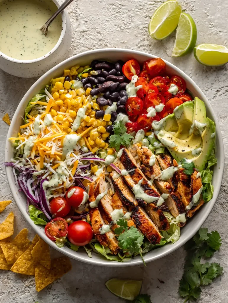 Southwest chicken salad with grilled chicken, avocado, corn, black beans, tomatoes, shredded cheese, and tortilla strips, served with creamy cilantro lime dressing.