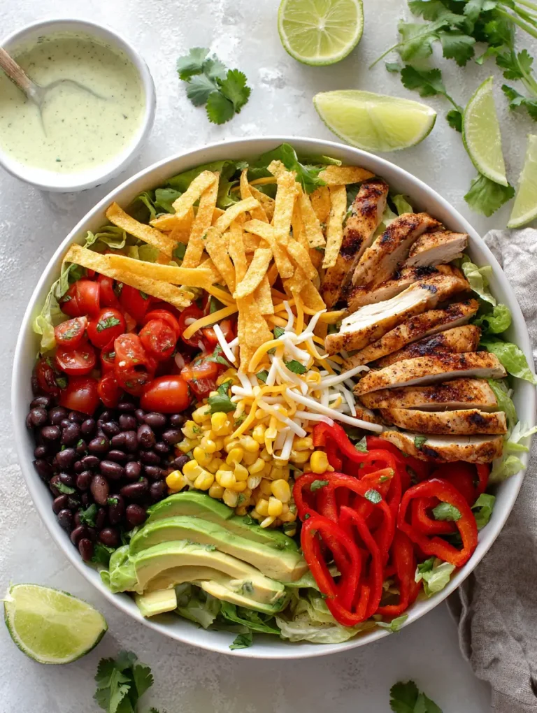 Southwest chicken salad with grilled chicken, avocado, black beans, corn, cherry tomatoes, bell peppers, shredded cheese, tortilla strips, and creamy dressing in a white bowl.