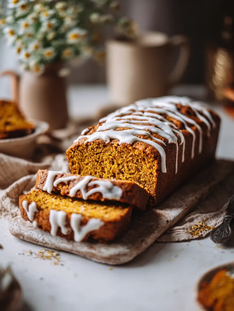 Sliced sugar-free pumpkin bread loaf with white glaze on top, displayed on a rustic board with soft autumn lighting.