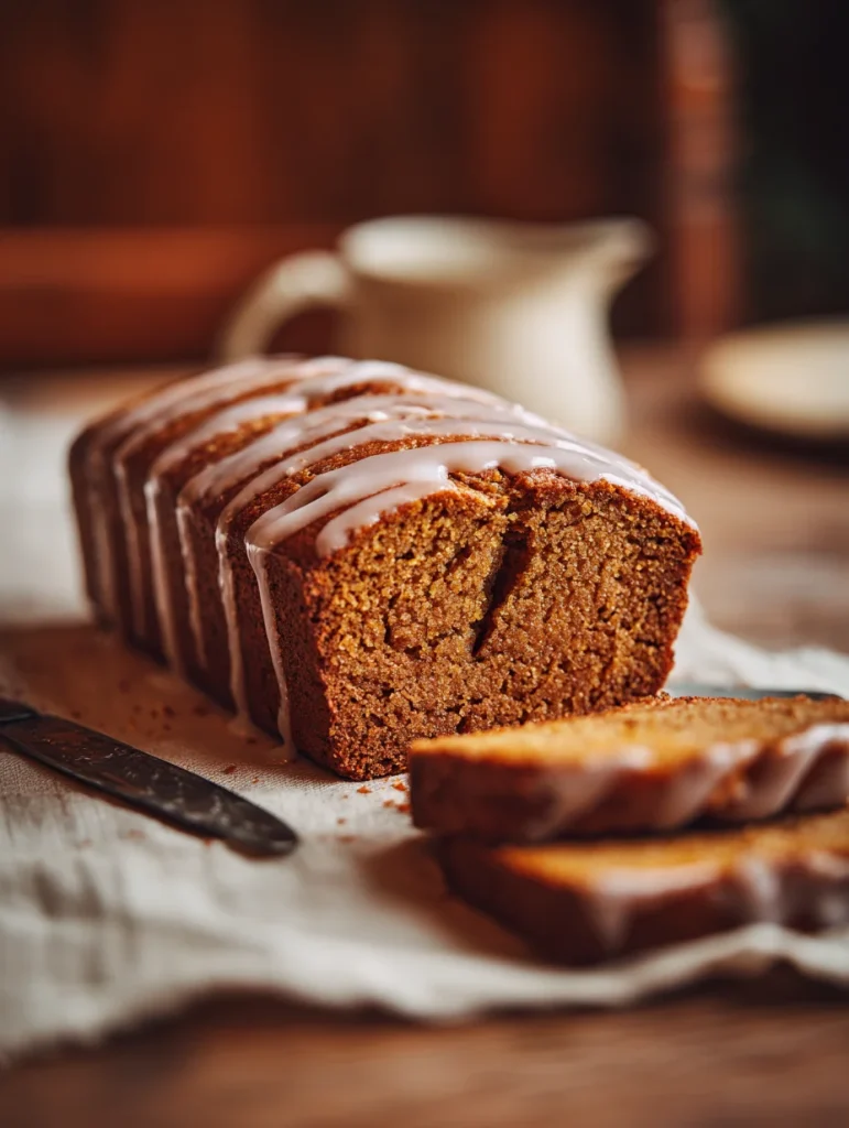 Close-up of sliced sugar-free pumpkin bread loaf topped with white icing glaze on a rustic linen cloth.