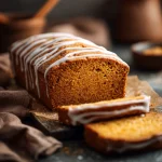 Moist sugar-free pumpkin bread loaf with white icing drizzle, sliced and displayed on a dark rustic surface.