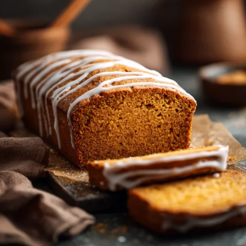 Moist sugar-free pumpkin bread loaf with white icing drizzle, sliced and displayed on a dark rustic surface.