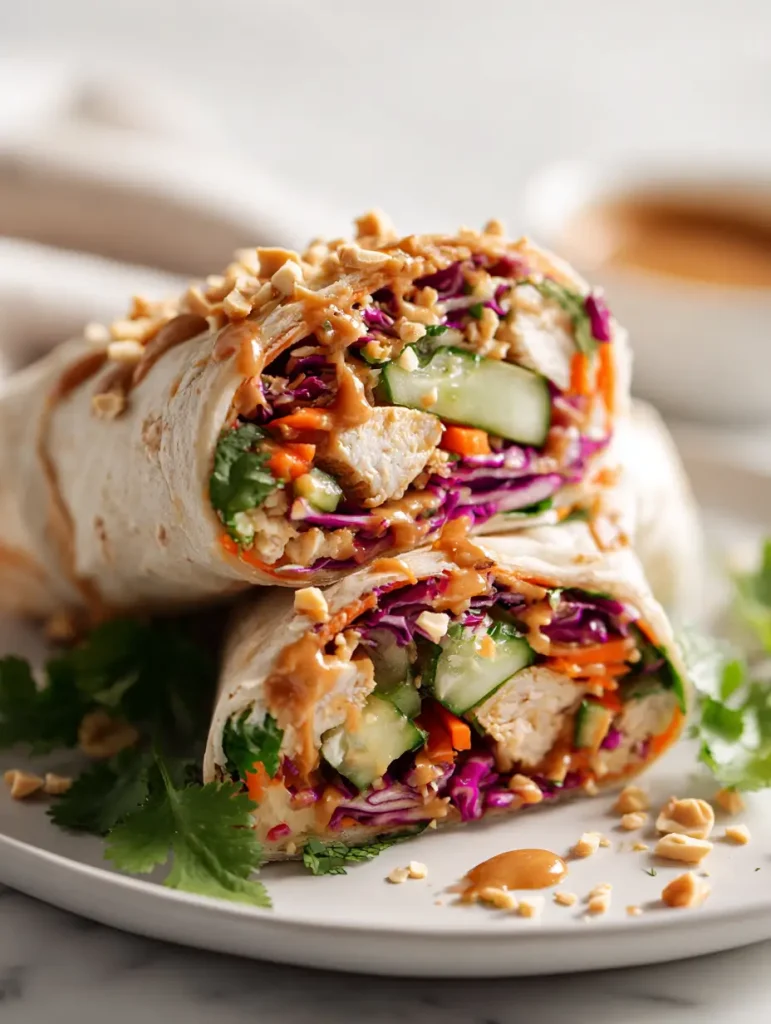 Close-up of Thai peanut chicken wrap with fresh vegetables, cilantro, and peanut sauce.