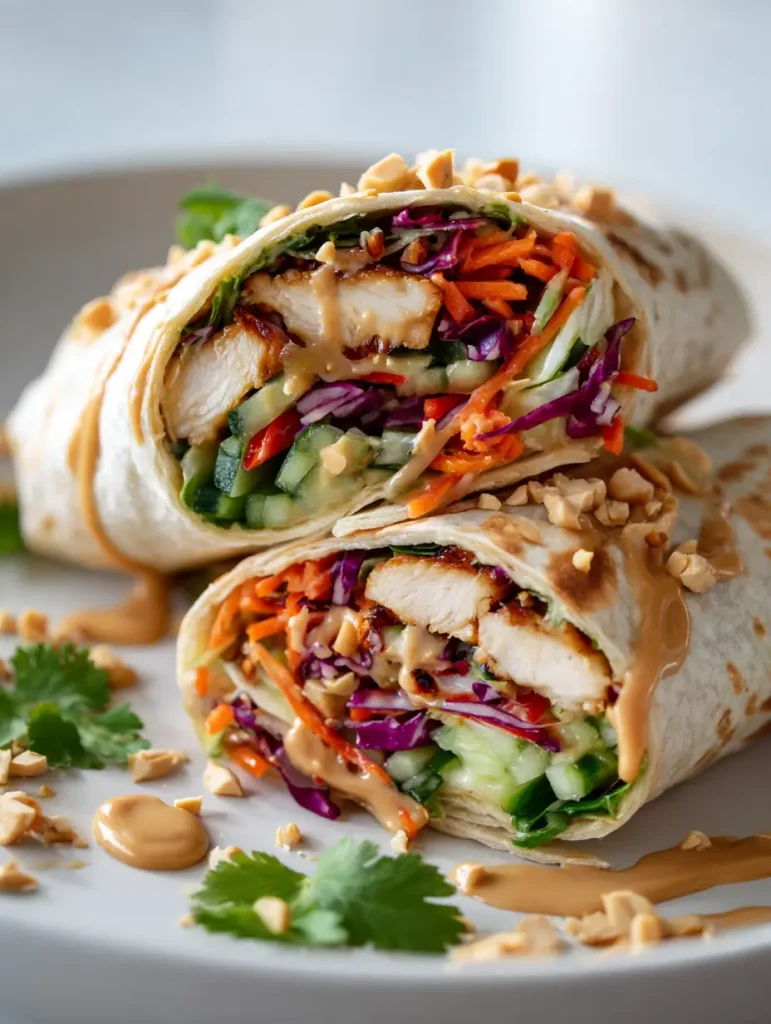 Thai peanut chicken wrap filled with grilled chicken, fresh vegetables, and drizzled peanut sauce.