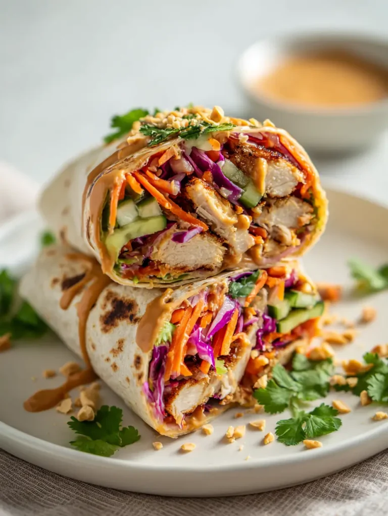 Thai peanut chicken wrap with grilled chicken, fresh vegetables, and creamy peanut sauce.