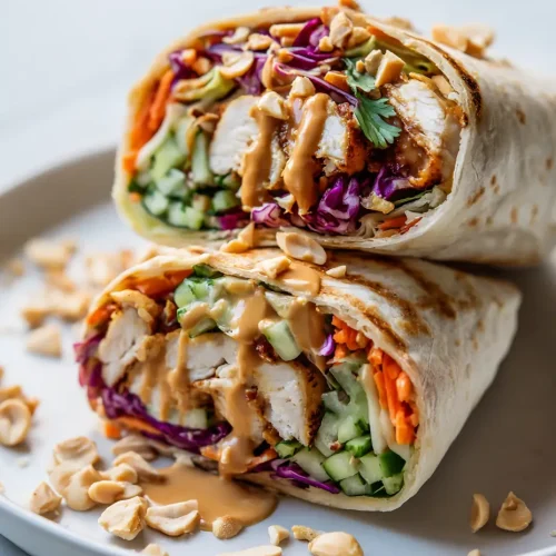 Thai peanut chicken wrap with fresh vegetables, cilantro, and crunchy peanuts.