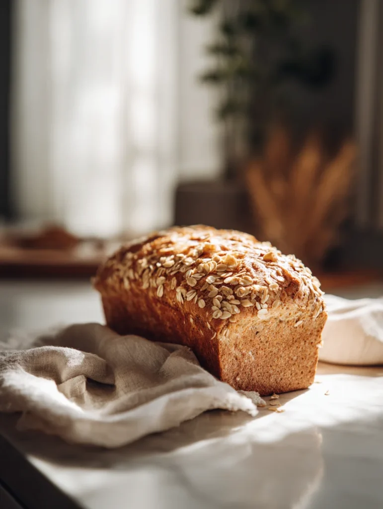 Freshly baked apple crisp sourdough loaf topped with oats, sitting on a linen cloth in warm sunlight.