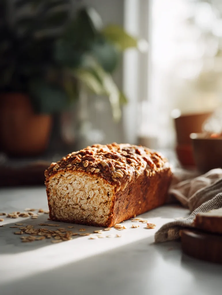 Sliced apple crisp sourdough loaf topped with oats on a marble surface in warm sunlight.