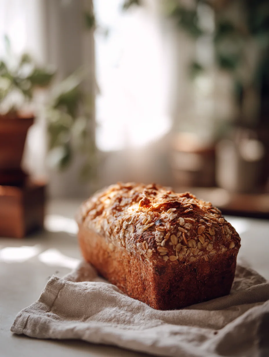 Golden apple crisp sourdough loaf topped with oats, resting on a linen cloth in soft natural light.