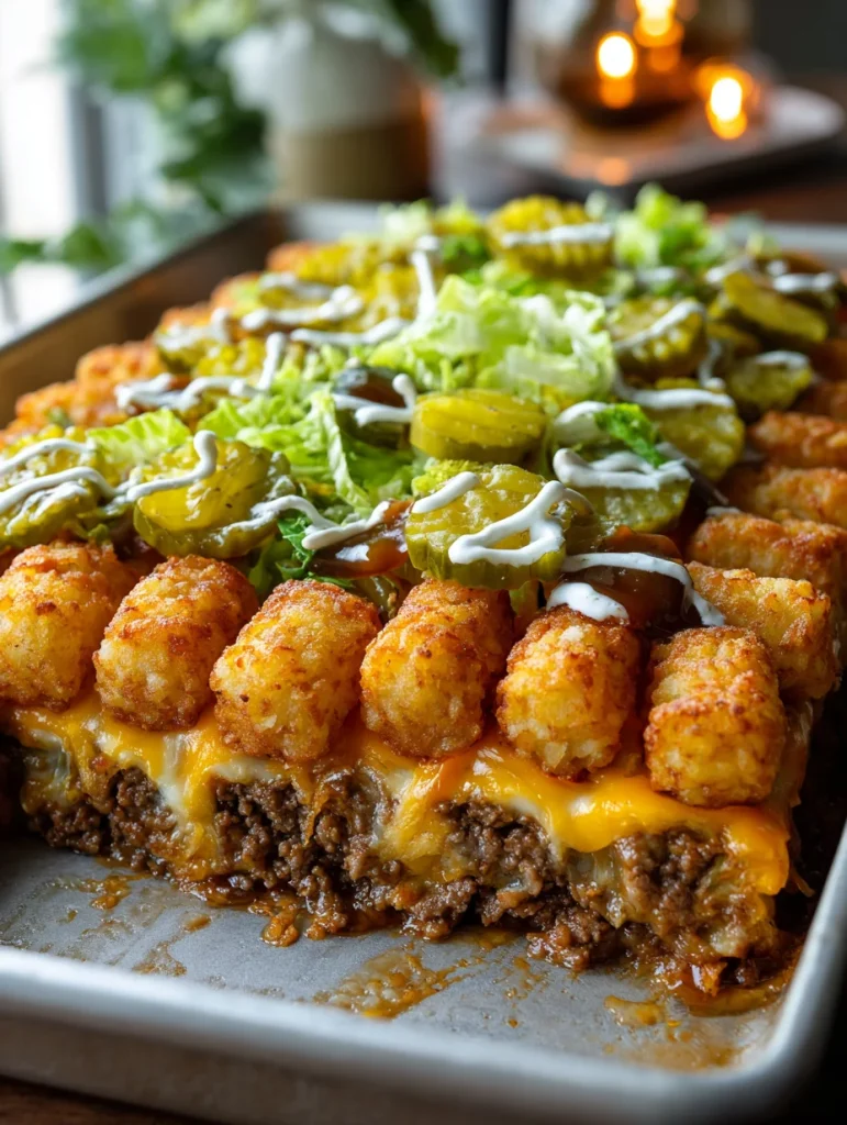 Close-up of Big Mac tater tot casserole with layers of ground beef, melted cheese, crispy tater tots, pickles, lettuce, and drizzled sauce.