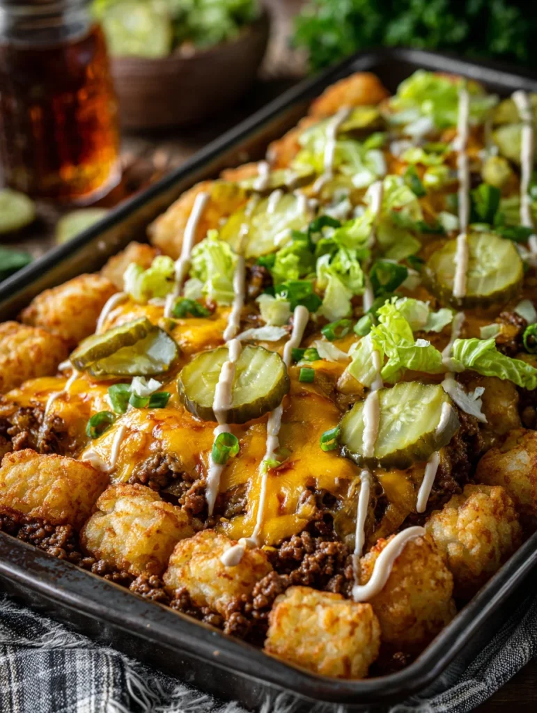 Big Mac tater tot casserole topped with melted cheese, ground beef, lettuce, pickles, and drizzled sauce in a baking pan.