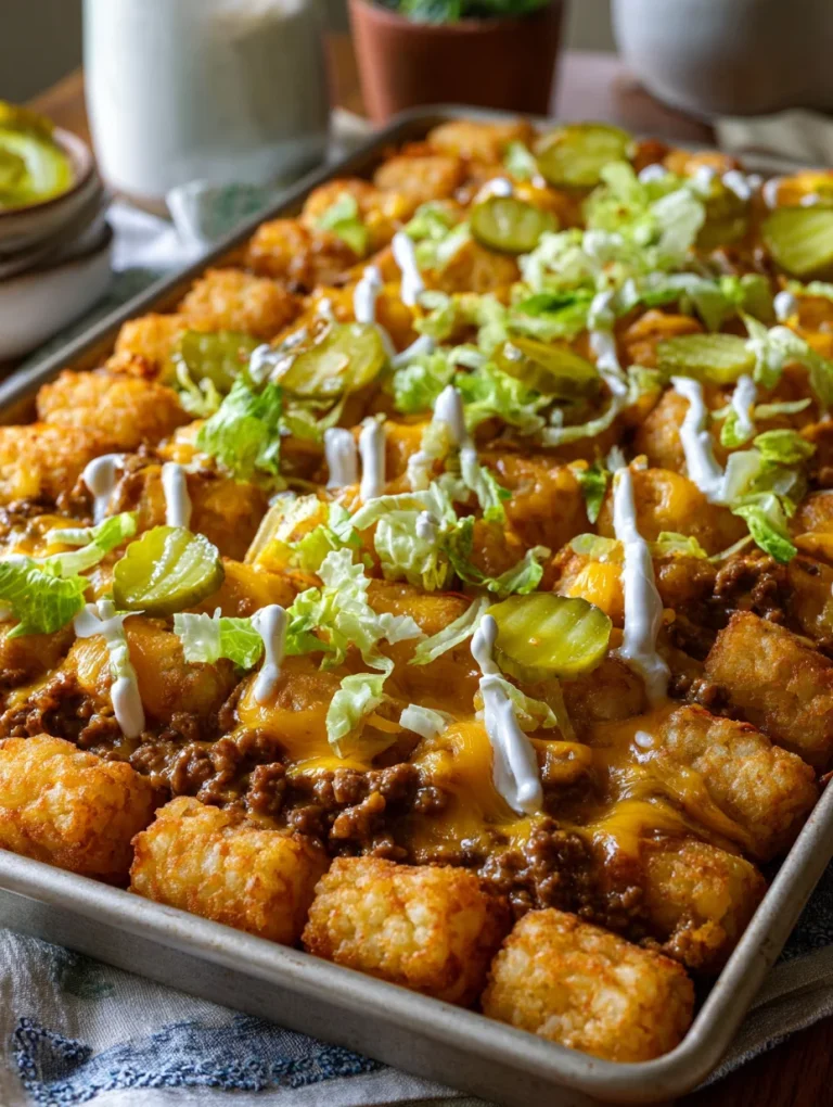 Big Mac tater tot casserole topped with melted cheese, ground beef, shredded lettuce, pickles, and drizzled sauce on a baking sheet.
